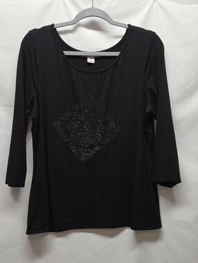White House Black Market Black Long-Sleeve Top with Studded Diamond Motif